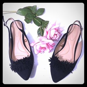 Lane Bryant Black Fabric Slingback Fringe Flat 9W